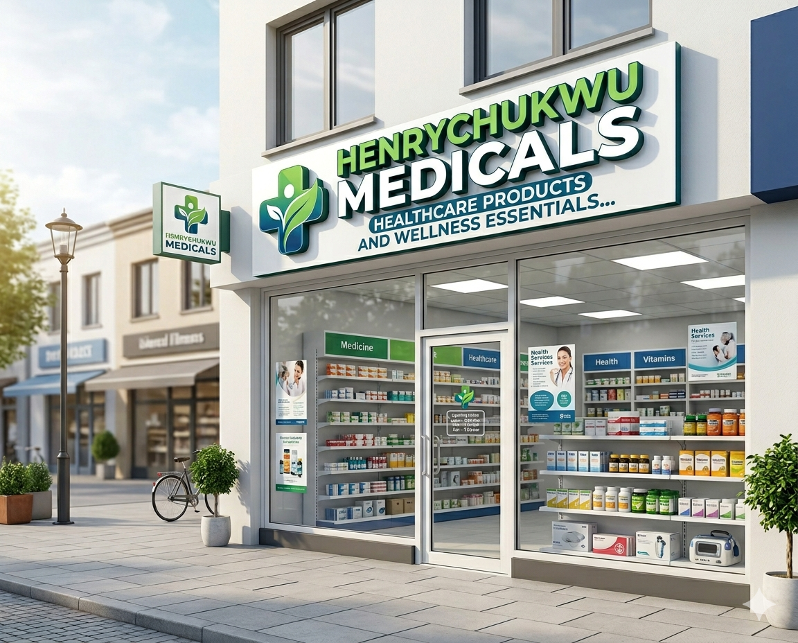 Henrychukwu Medicals store front showing a clean, friendly medical retail space in the Obukpa market